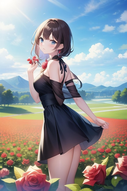 Una chica con un vestido negro sostiene una flor en la mano.