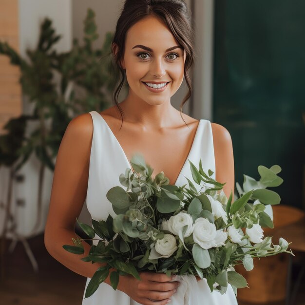 Una chica con un vestido de novia blanco sostiene en sus manos un ramo de flores de bodas.