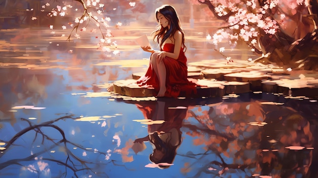 Una chica con un vestido rojo camina en una ilustración de anime de estanque