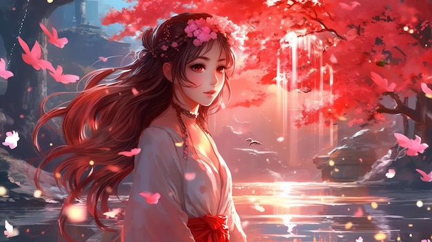 Una chica con un vestido rojo camina en una ilustración de anime de estanque