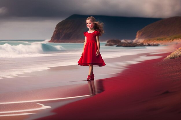 Una chica con un vestido rojo camina por la playa.