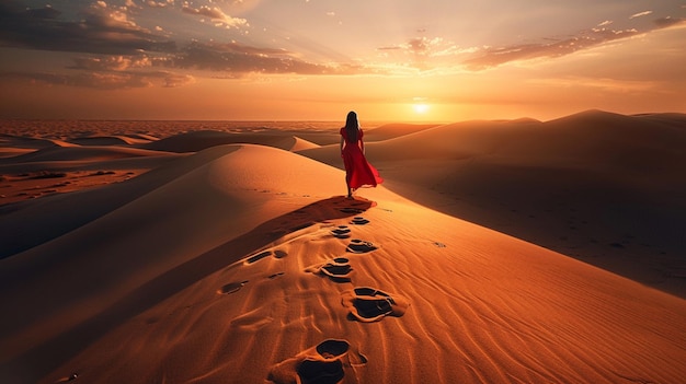 Foto una chica con un vestido rojo en el desierto