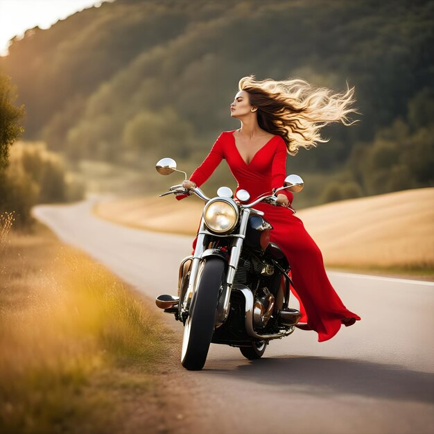 chica con vestido rojo en motocicleta