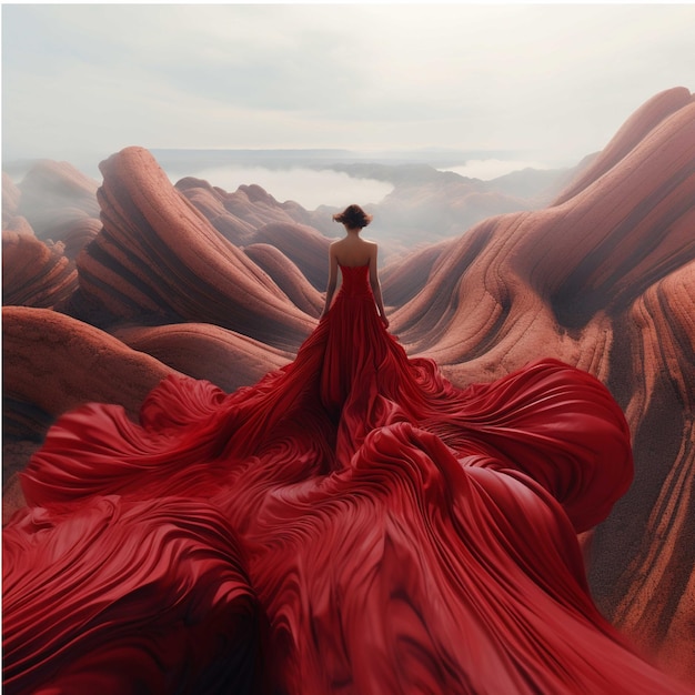 Una chica con un vestido rojo en la representación 3d del desierto