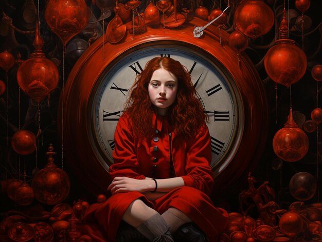 Una chica con un vestido rojo se sienta frente a un reloj con las palabras "las 11:00".