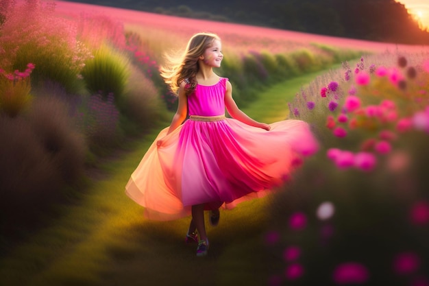 Una chica con un vestido rosa corre por un campo de flores.