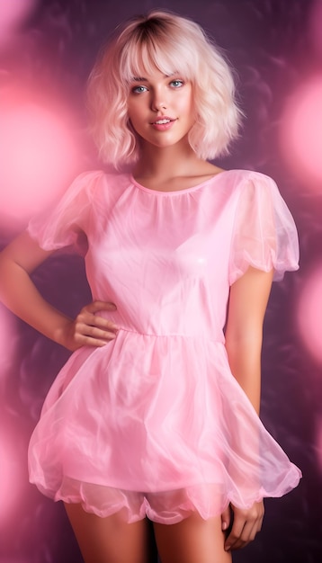 Una chica con un vestido rosa lleva un vestido rosa con una falda rosa.