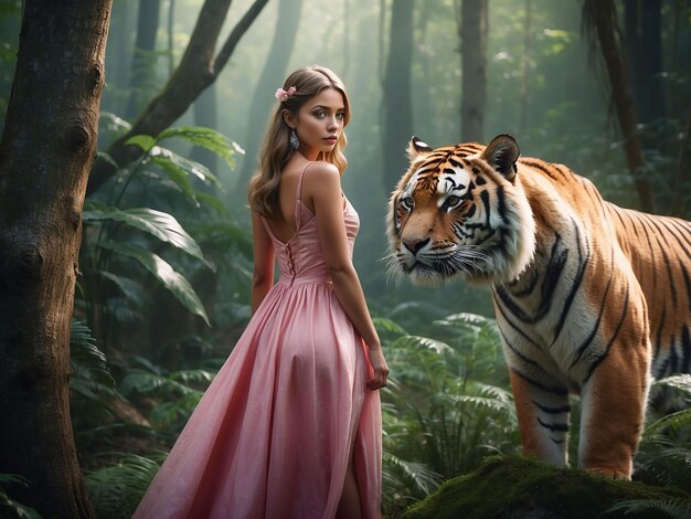 Foto una chica con un vestido rosa está de pie con un tigre en el bosque