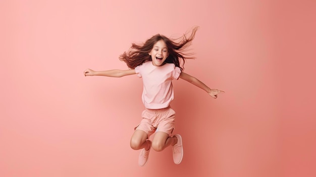 Chica con vestido rosa saltando sobre una ilustración de fondo rosa generada por IA