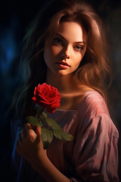 Chica en vestido rosa sosteniendo una rosa roja