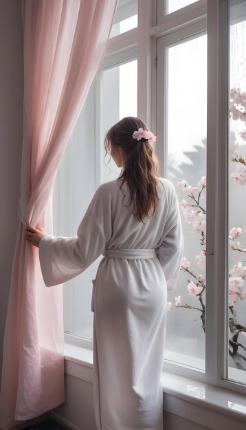 La chica con el vestido rosado en la vista trasera