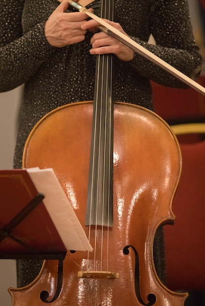 La chica del vestido sostiene el violín en la sala de conciertos.