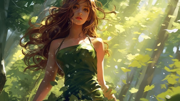 Una chica con un vestido verde en el bosque.