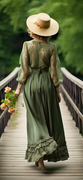 Una chica con un vestido verde caminando por un puente.