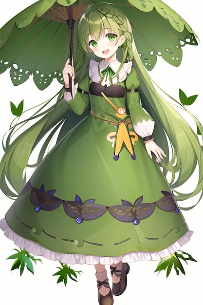 Una chica con un vestido verde y un paraguas verde.