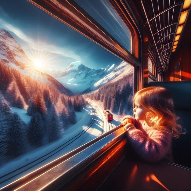 Una chica viaja en un tren y mira por la ventana hay montañas nevadas fuera de la ventana