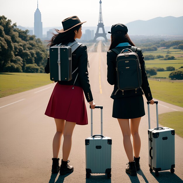 Una chica viajera con una maleta en la pista