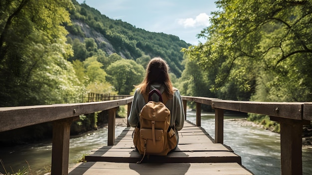 Foto chica viajera con mochila disfruta de la naturaleza de la montaña sentada en un puente de madera