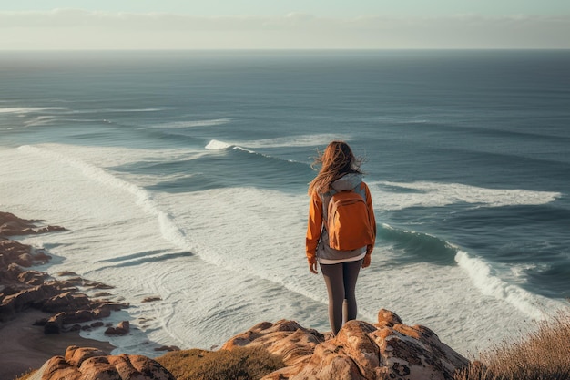 Chica viajera en roca con fondo de mar generativo ai