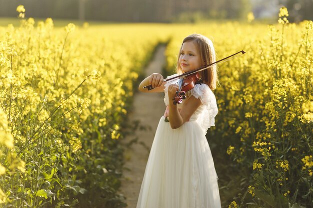 Chica con un violín en un campo en verano