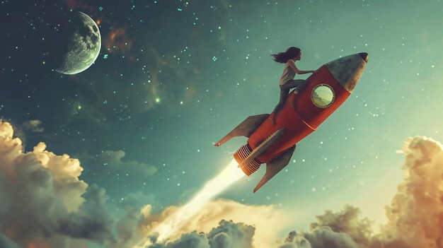 una chica volando un cohete con las palabras volar en la parte inferior