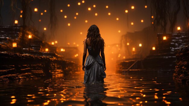 Foto una chica yendo por un camino en el agua en la noche oscura