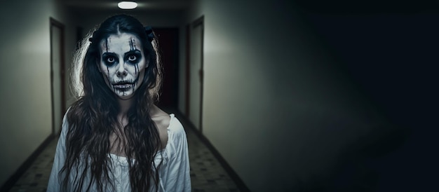 Una chica zombie aterradora con la cara pintada está parada en un pasillo oscuro.