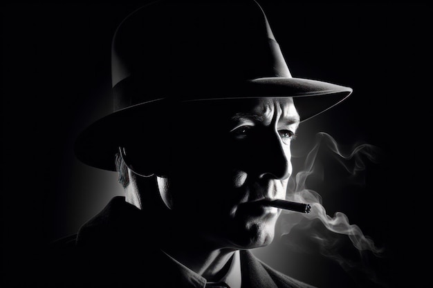 Foto chicago e grã-bretanha gangster mafia misteriosa silhueta rosto de um homem de chapéu que fuma um charuto p