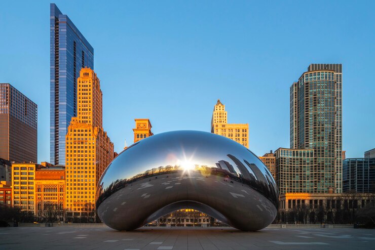 Chicago Gebäude Stadtansicht von der Aussichtsplattform hohe Ebene mit Sonnenuntergang Himmel Stadtbild von Michihan