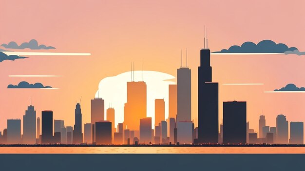 Chicago Skyline em Sunset Vector Minty Serenity