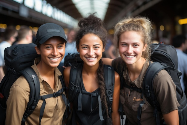 Chicas amigas con mochilas en la estación de tren esperando el tren Chicas sonrientes turistas o estudiantes listos para el viaje