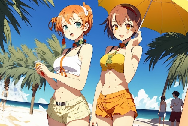 Chicas anime caminan en la playa mujeres bonitas jóvenes en vacaciones de verano ilustración IA generativa