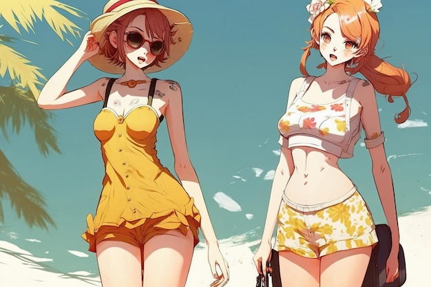 Chicas anime caminan en la playa mujeres bonitas jóvenes en vacaciones de verano