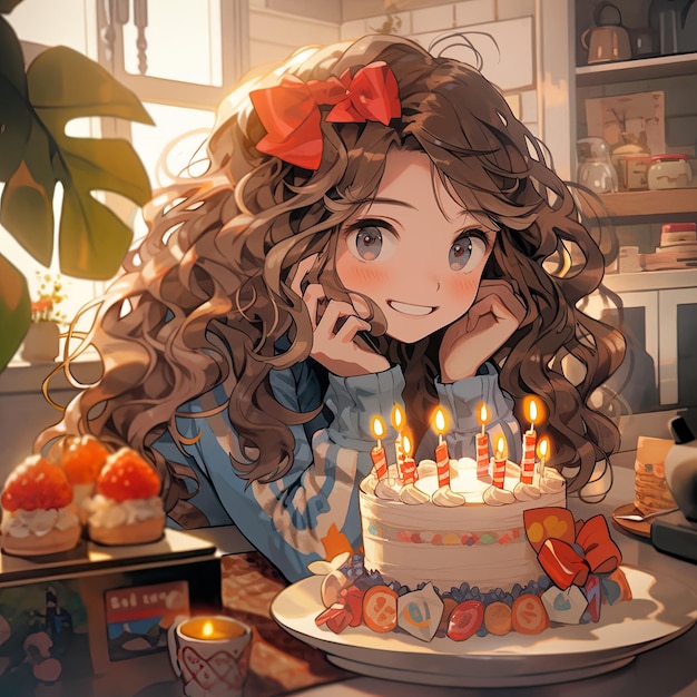 Las chicas de anime son hermosas y el pastel de cumpleaños feliz es lindo y lleno de alegría capturando corazones con su encanto y personalidades vibrantes ilustración de IA generativa virtual digital