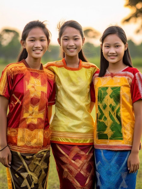 Chicas asiáticas encantadoras y de moda en trajes étnicos generadas por IA