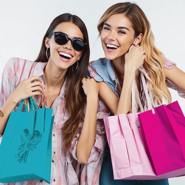 Chicas con bolsa de compras en la mano con cara sonriente