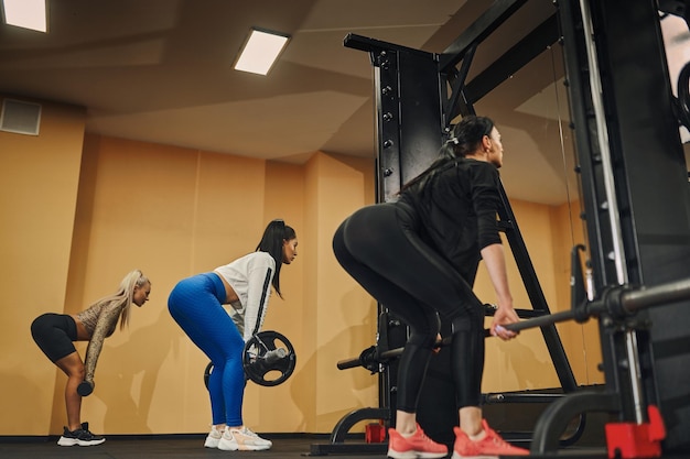 Chicas deportivas de espaldas a la cámara realizando actividad de entrenamiento de peso muerto con barra en el gimnasio