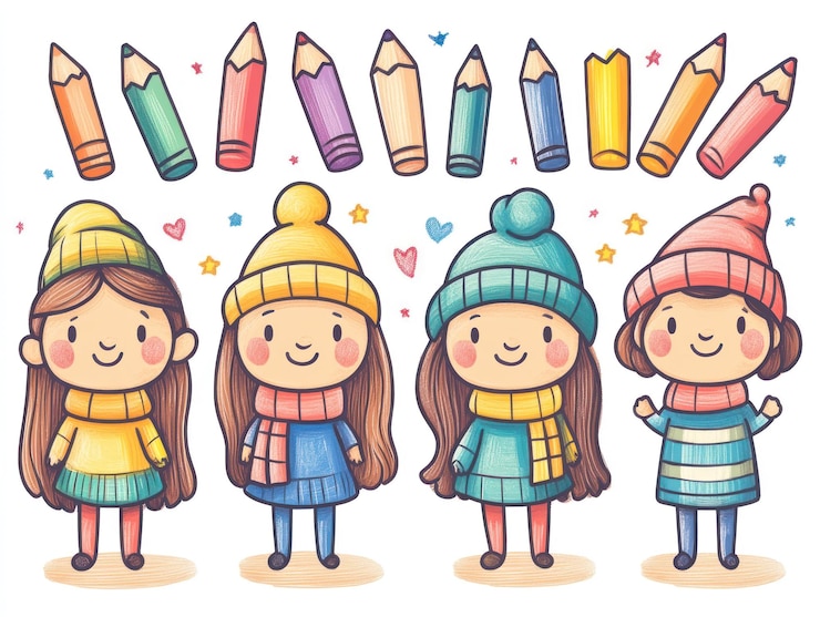 Foto chicas de dibujos animados con sombreros de invierno