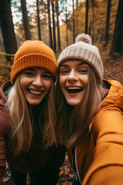 chicas divertidas tomando una selfie en el bosque en otoño