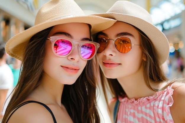 Chicas encantadoras comprando juntas en el centro comercial