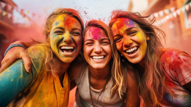 Foto chicas en el festival de holi divirtiéndose con polvo de colores