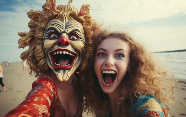 Chicas haciéndose un selfie en la playa IA generativa