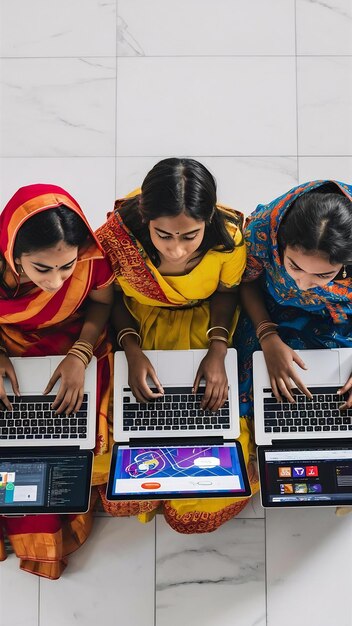 Chicas indias sentadas con una computadora portátil aisladas en blanco