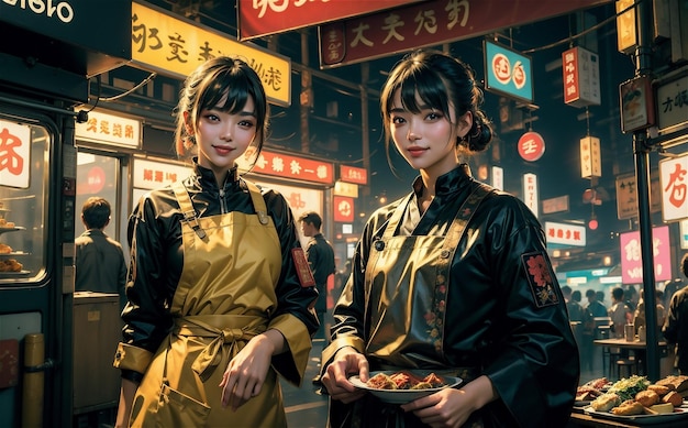 Chicas japonesas Hermosas chicas preparando deliciosa comida en el restaurante de la calle de Japón Hermosa asiática