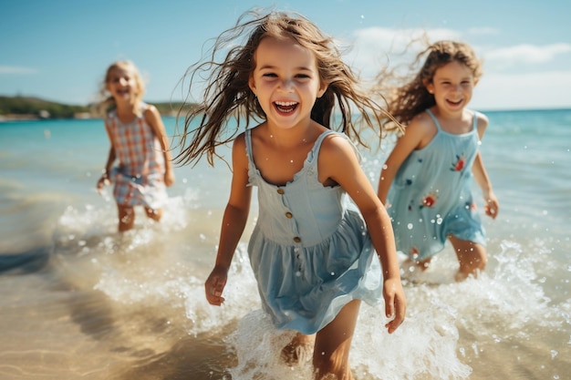 Chicas jóvenes adorables alegres divirtiéndose con agua en la playa