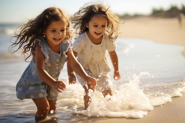 Chicas jóvenes adorables alegres divirtiéndose con agua en la playa