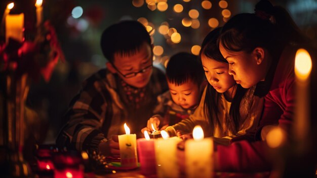 Foto chicas jóvenes encendiendo velas en una habitación oscura feliz año nuevo