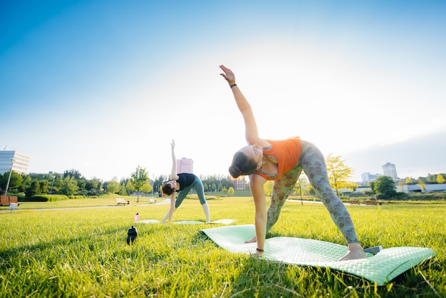 Las chicas jóvenes hacen yoga al aire libre en el parque durante el atardecer. Estilo de vida saludable