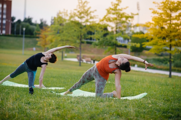 Las chicas jóvenes hacen yoga al aire libre en el parque durante el atardecer. Estilo de vida saludable