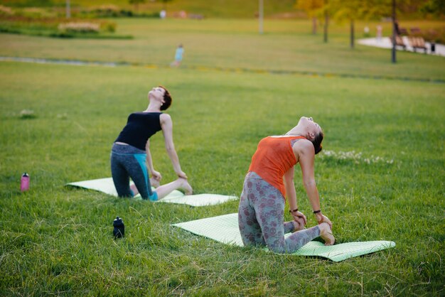 Las chicas jóvenes hacen yoga al aire libre en el parque durante el atardecer. Estilo de vida saludable.